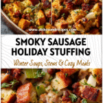 Close-up of smoked sausage stuffing with herbs and apple pieces for Thanksgiving dinner.